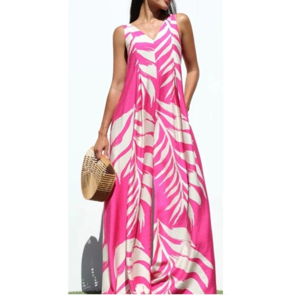 Dress‎ Day Palm Paradise Jumpsuit Women's L Pink White Leaf Print